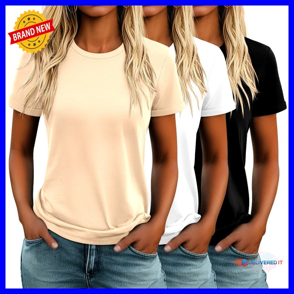 3 Pack Women's Cotton T-Shirts Casual Short Sleeve Crewneck Loose Fit Tees